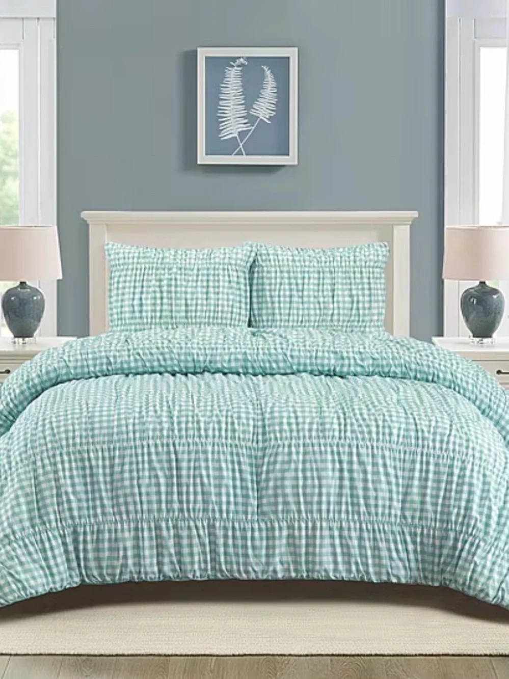 Sea Foam Green Gingham Ruched TWIN / TWIN XL Comforter Set ~ Cottage Charm